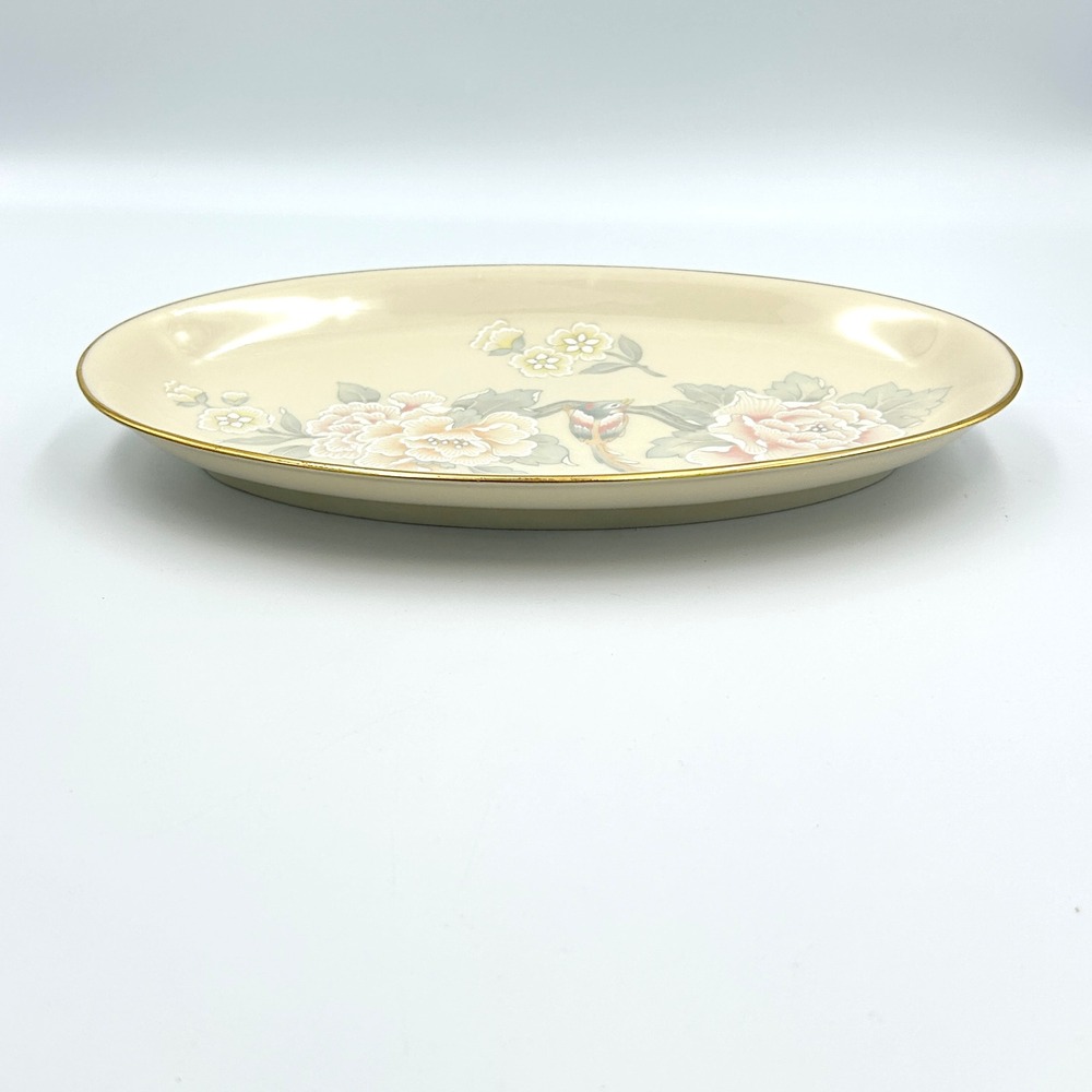 VTG Lenox Floral Bird Oval Serving Platter Cream Gold Trim Chinoiserie USA 9.5in - Picture 10 of 11